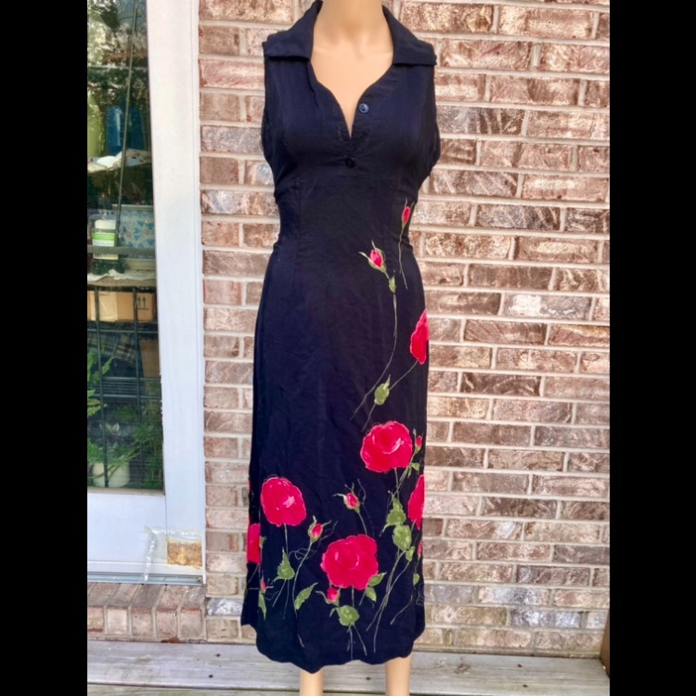 Vintage 90s Black & Red Rose Floral Dress